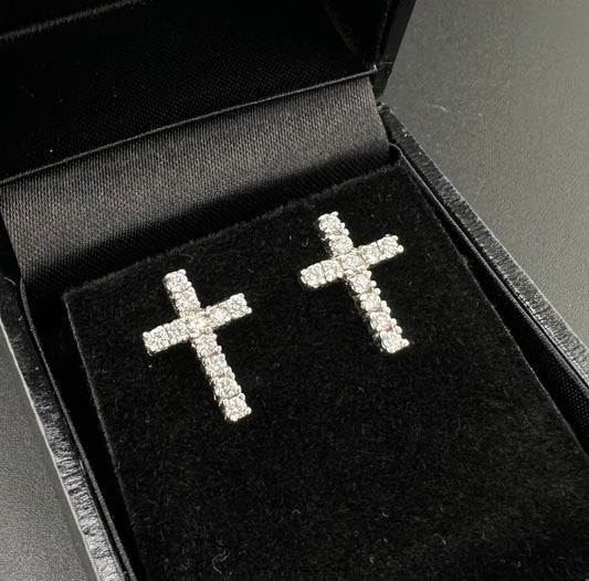 Diamond Cross 14K White Gold Earrings