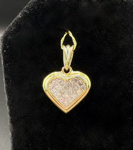 2-sided Heart 14k Hollow Gold Diamond Pendant